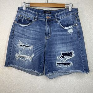 Judy Blue Jean Shorts Patch Mid Rise Cut Off  Medium Wash Denim Distressed 1X